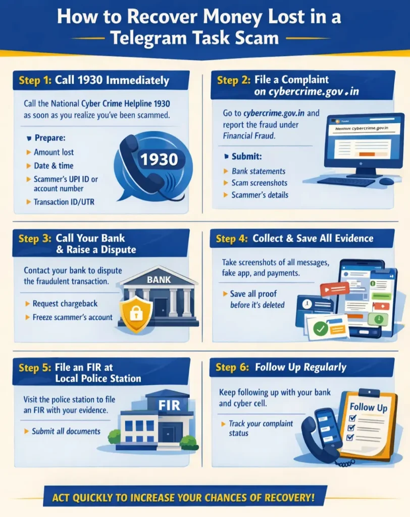 How to recover money lost in Telegram task scam - 6 steps infographic