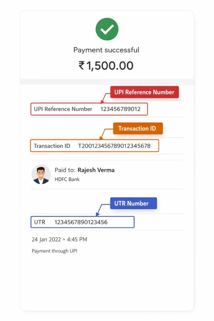 Annotated UPI payment confirmation screen showing UPI Reference Number, Transaction ID, and UTR number on a successful ₹1,500 payment.
