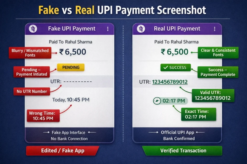 Fake vs real UPI payment screenshot comparison showing how to identify fake PhonePe or Google Pay transactions