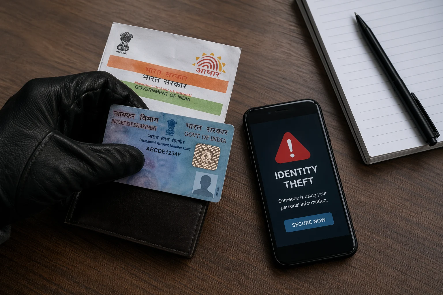 Identity theft in India concept showing Aadhaar and PAN card being stolen with fraud alert on smartphone