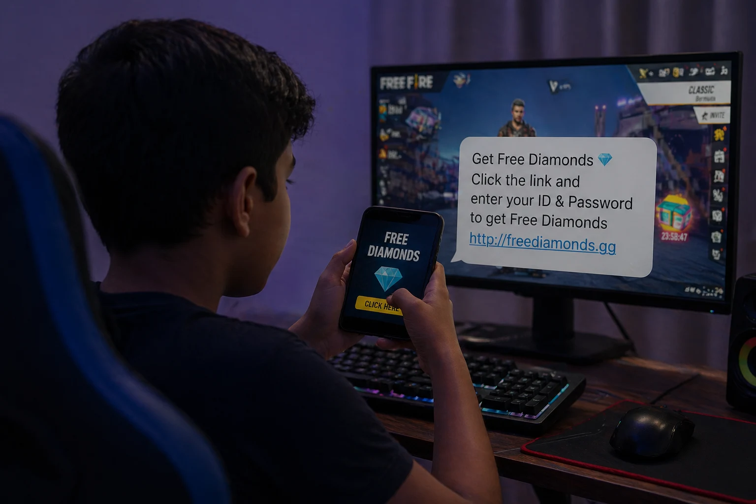 Online gaming scam in India showing child targeted with free diamonds phishing message on smartphone