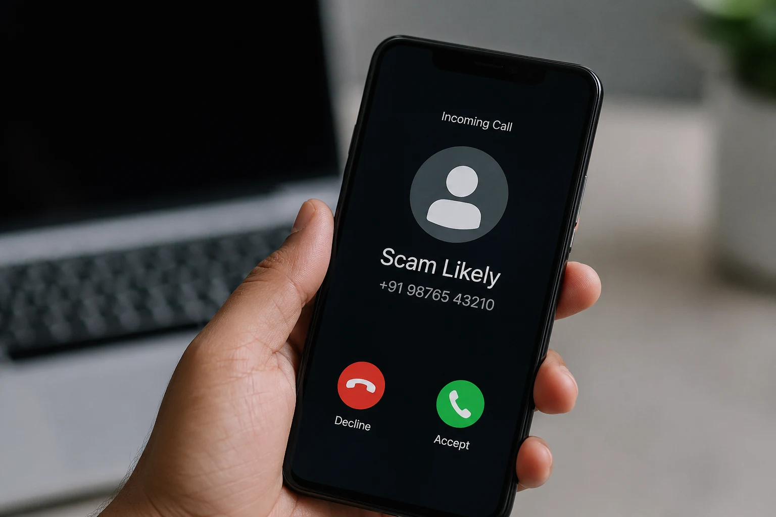 Smartphone showing incoming scam call labeled ‘Scam Likely’ with unknown number on screen