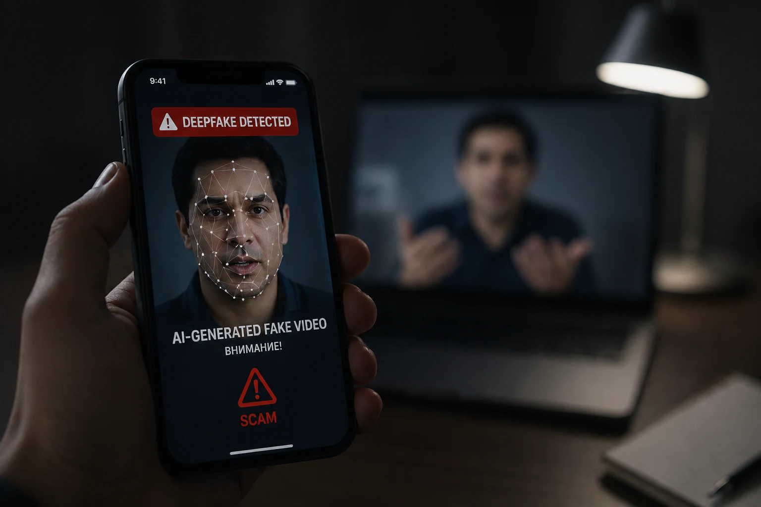 Smartphone showing deepfake scam alert with AI-generated face and fraud warning on screen