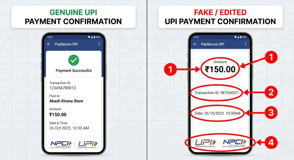 Comparison of a real UPI payment screenshot and a fake edited screenshot highlighting visual differences