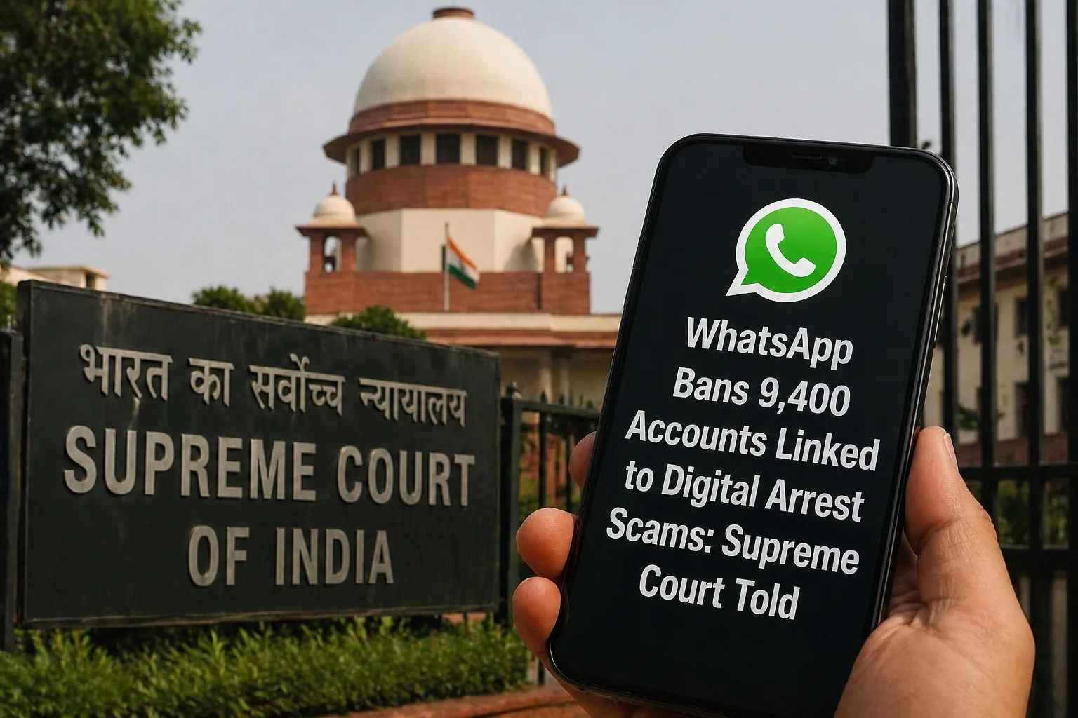 WhatsApp banning scam accounts shown on smartphone with Supreme Court of India building in background
