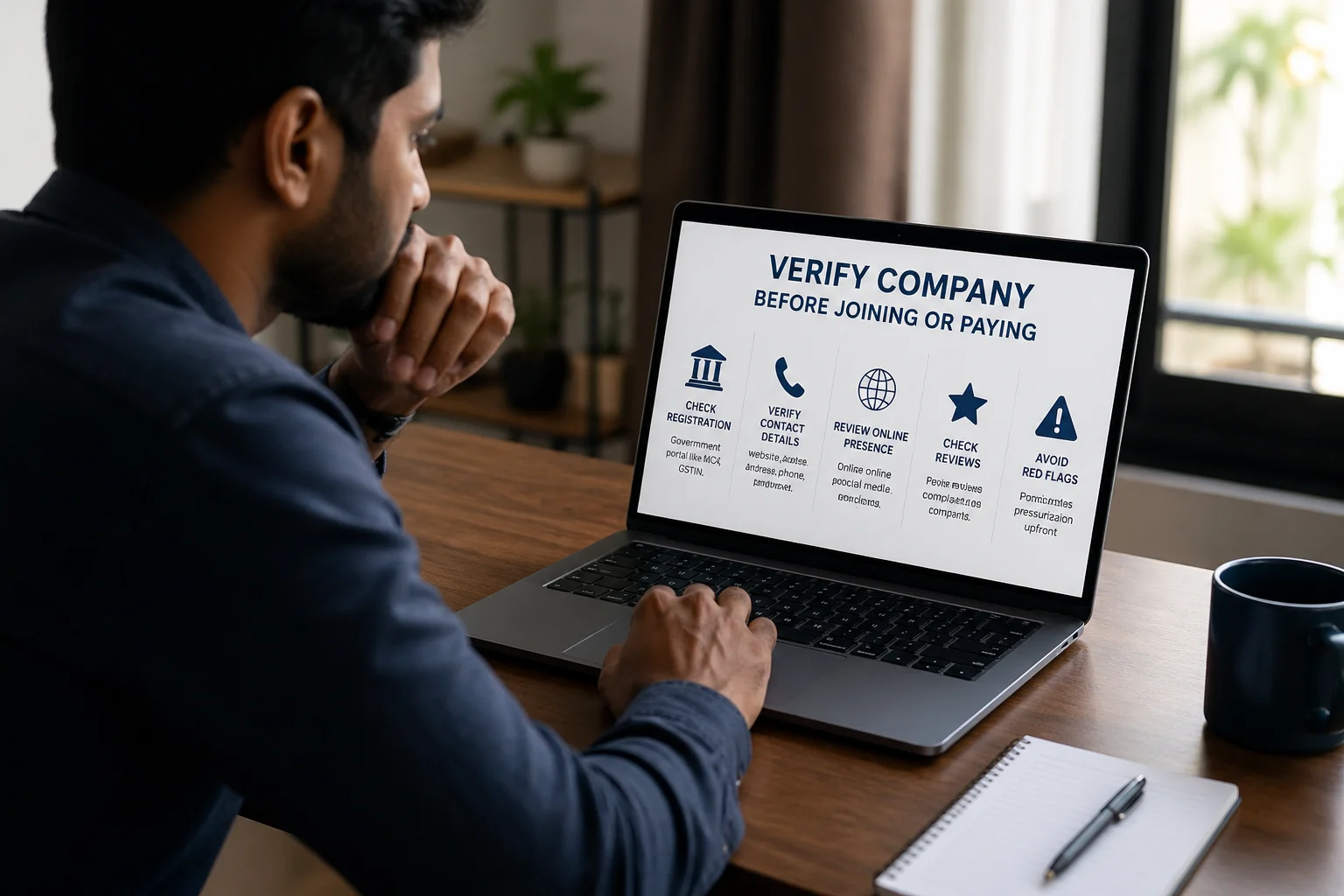 A young man sitting at a desk in a home office, carefully reviewing a laptop screen displaying steps to verify a company before joining or making a payment, with a notebook and coffee mug placed nearby.