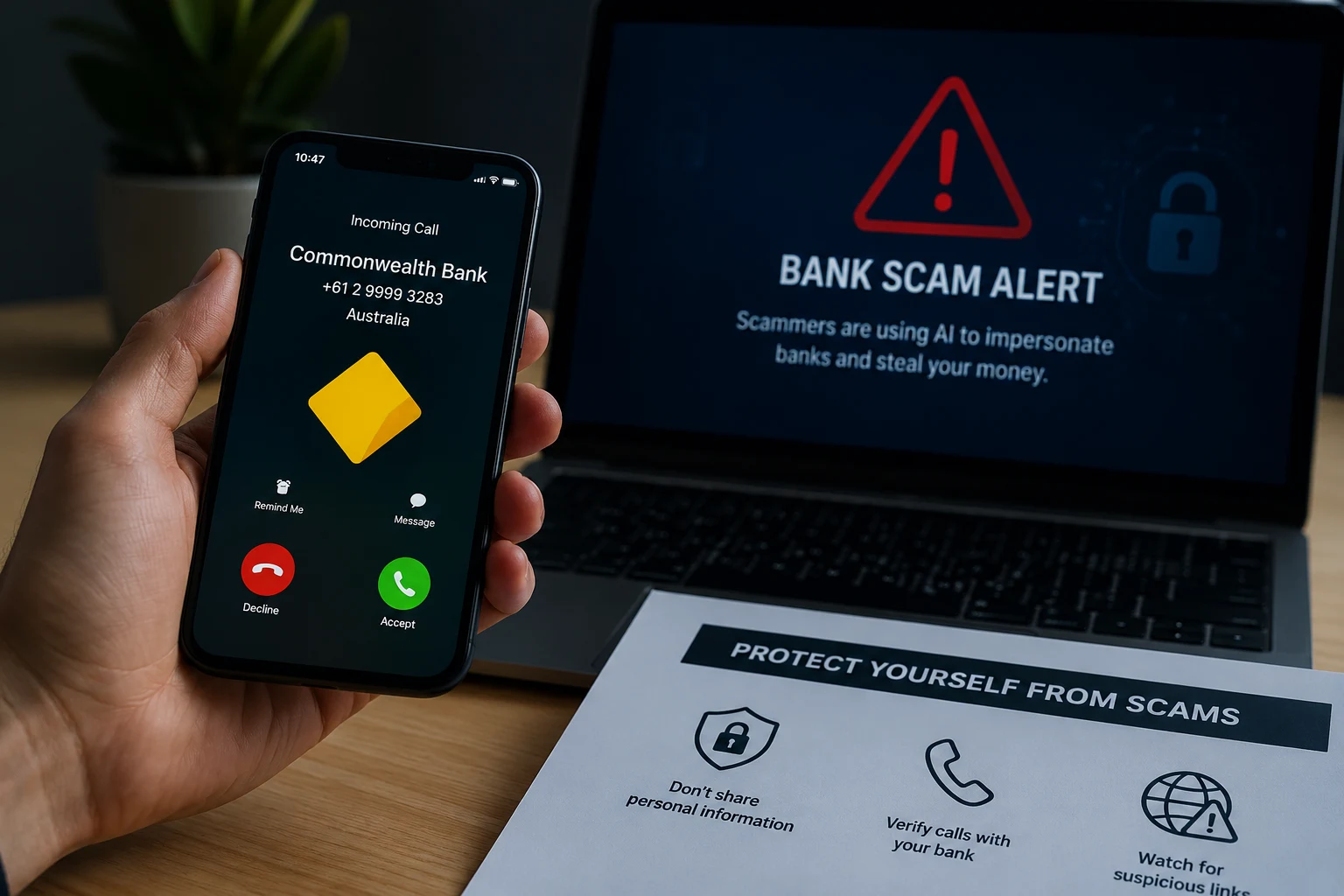 AI-generated bank scam warning on a smartphone showing a fake Commonwealth Bank call in Australia.