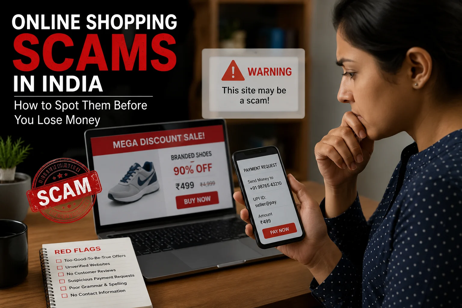 Woman checking a fake online shopping website on laptop and phone with scam warning signs, illustrating an online shopping scam in India.