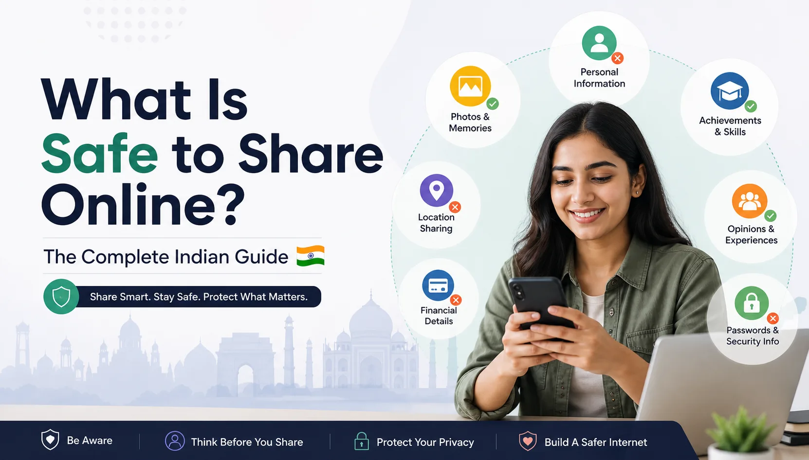 Indian woman using smartphone with icons highlighting safe and unsafe online sharing practices like personal info, passwords, and location