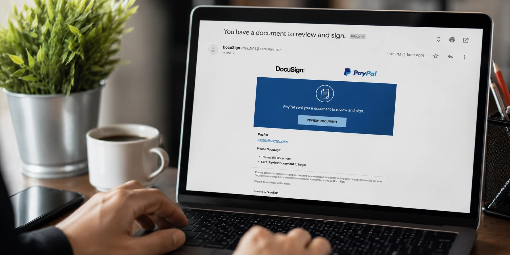PayPal DocuSign phishing email example showing fake "Review Document" button from dse_NA3@docusign.net sender