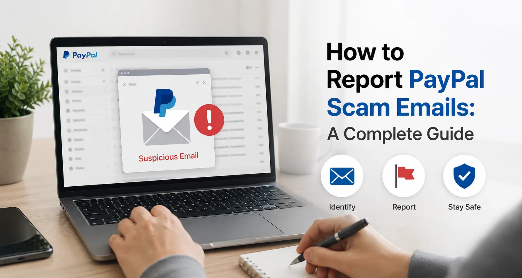 Realistic blog banner showing a laptop displaying a suspicious PayPal scam email warning, with a user reporting the email and text reading “How to Report PayPal Scam Emails: A Complete Guide