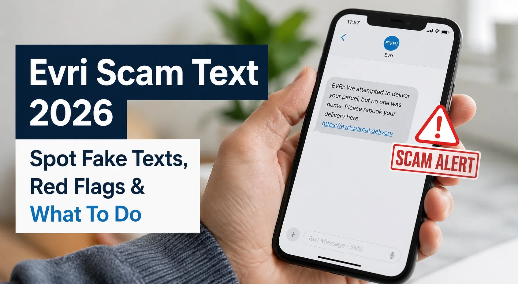 Evri scam text 2026 example showing fake parcel delivery message with scam alert warning on iPhone UK