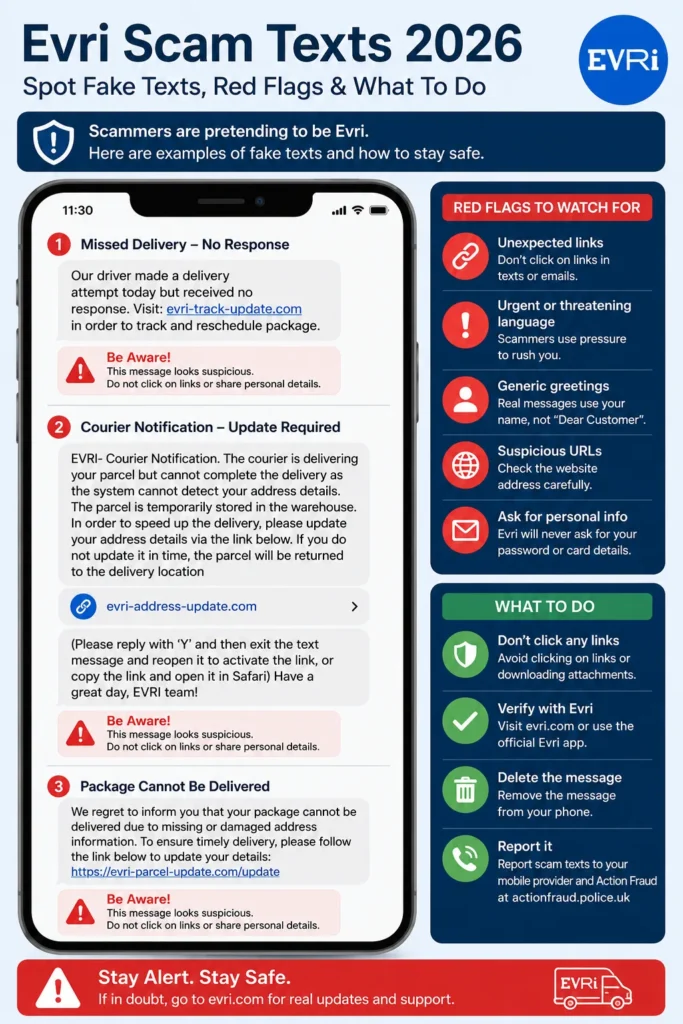 Evri scam texts 2026 infographic showing real fake message examples red flags and what to do
