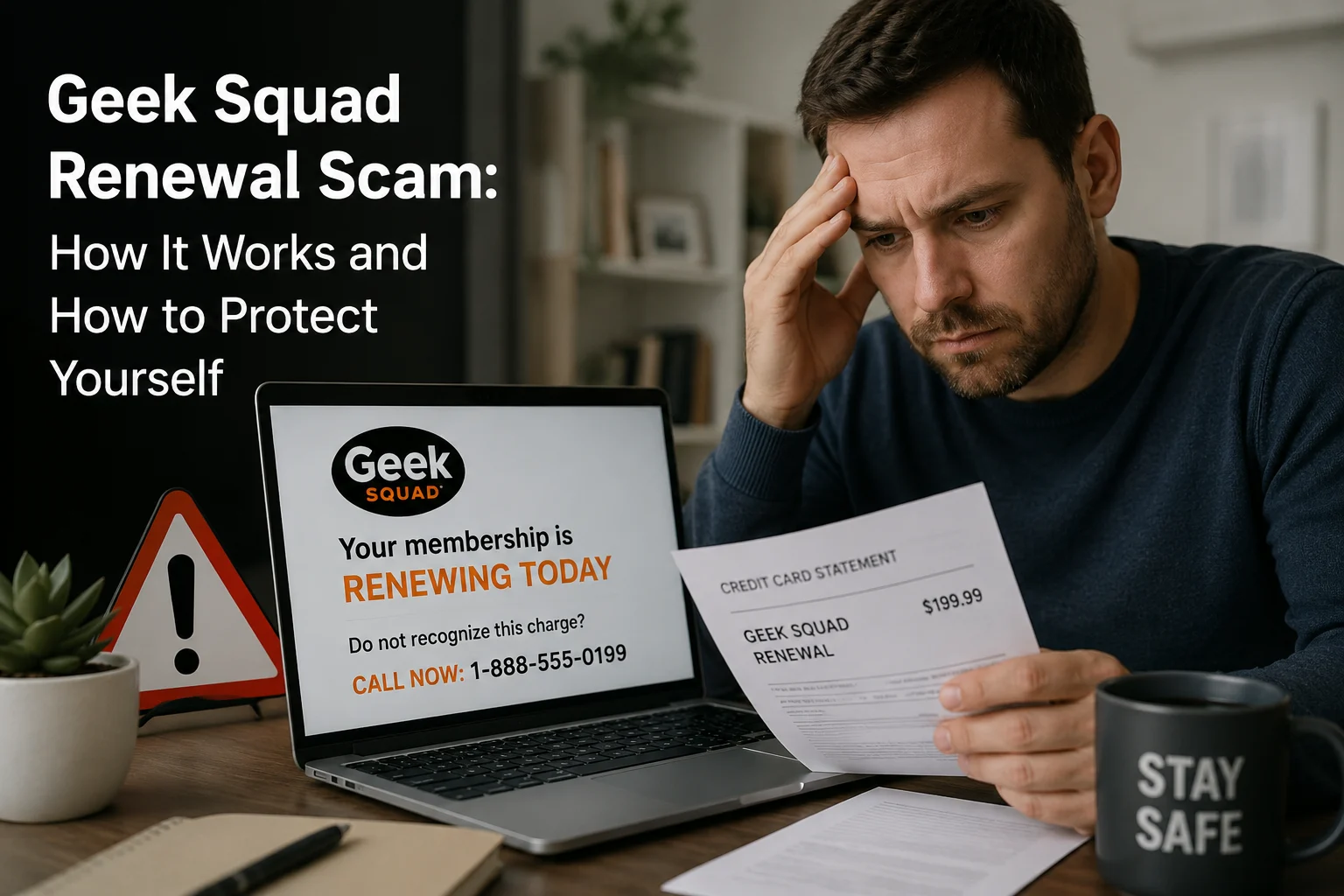 Man looking worried while checking a fake Geek Squad renewal charge on his laptop and credit card statement, illustrating an online tech support scam warning.