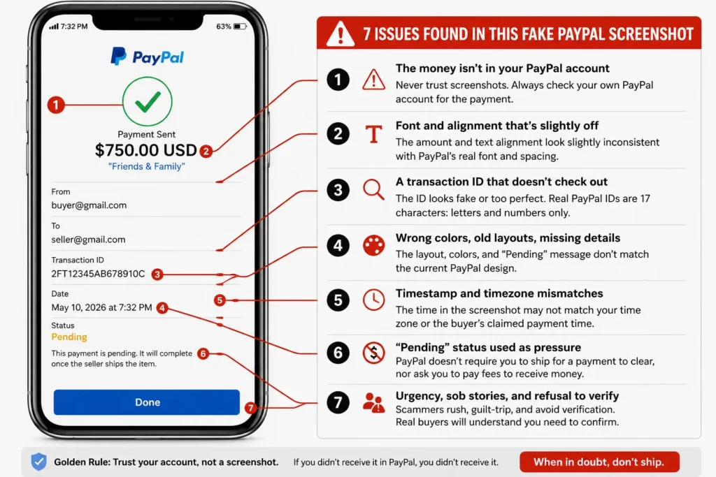 Annotated fake PayPal payment screenshot showing seven red flags including a misspelled logo, too-short transaction ID, and pending status used as pressure