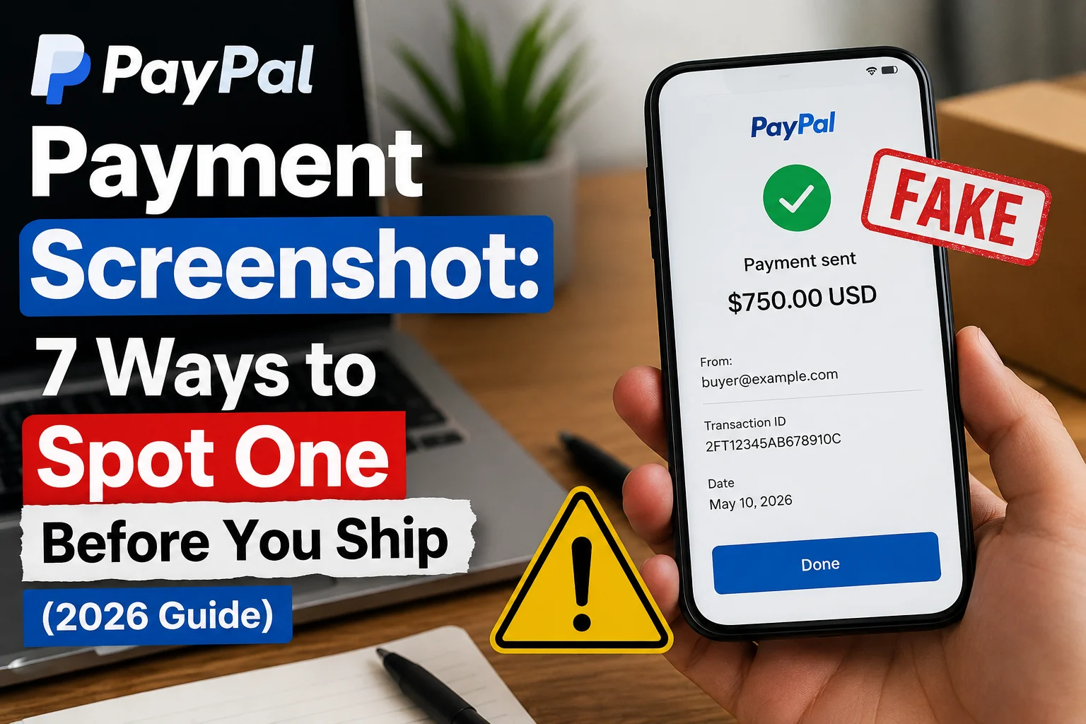 Fake PayPal payment screenshot example showing a fraudulent transaction on a smartphone, with warning signs and tips to spot fake PayPal payments before shipping in 2026.